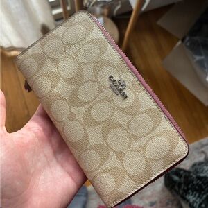 Coach Signature Tan and Pink Zip- Around Wallet